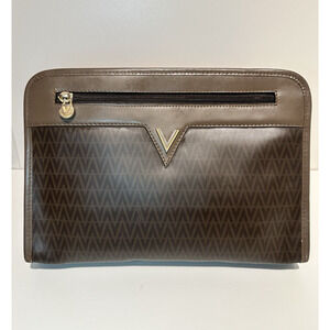 Mario Valentino classic Brown Leather Monogram Clutch Bag Purses EUC Authentic